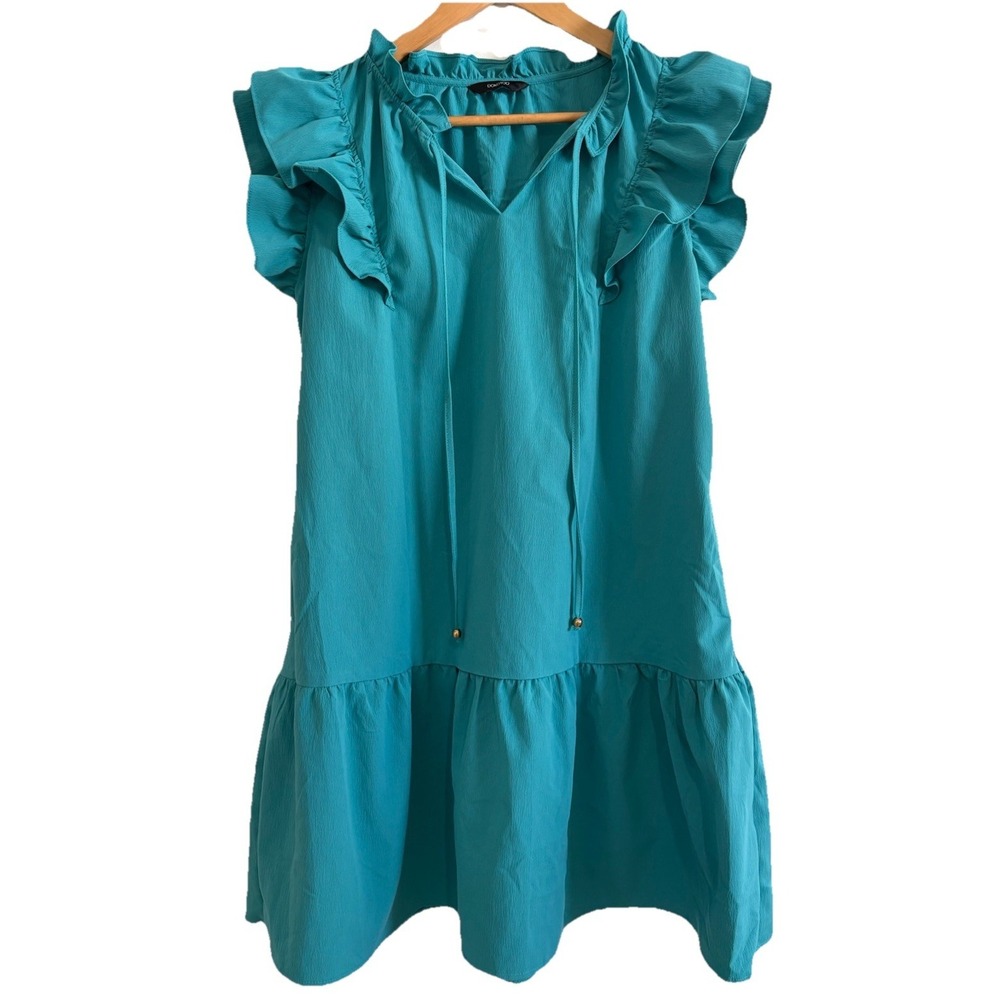 Dokotoo Teal V-Neck Ruffle Cap Sleeve Mini Dress Pockets Tiered Shift Sz L NWOT